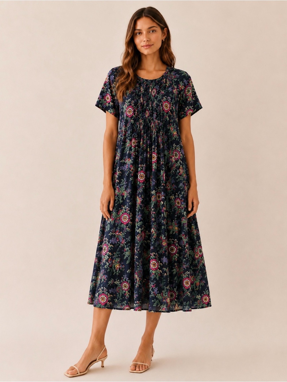 Anokhi Navy Floral Cotton Midi Dress Large Pleated Prairie Cottagecore Boho